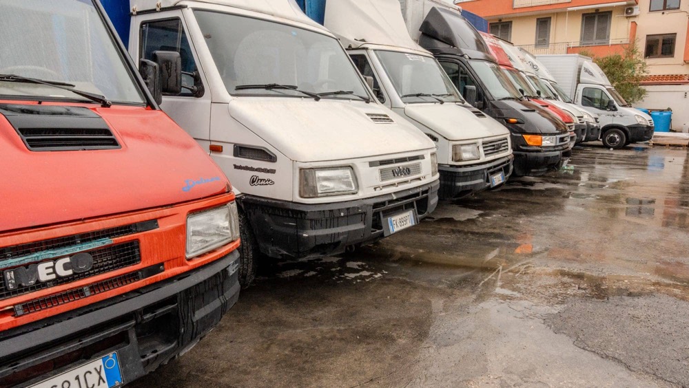 I musi dei furgoni allineati, visti da vicino